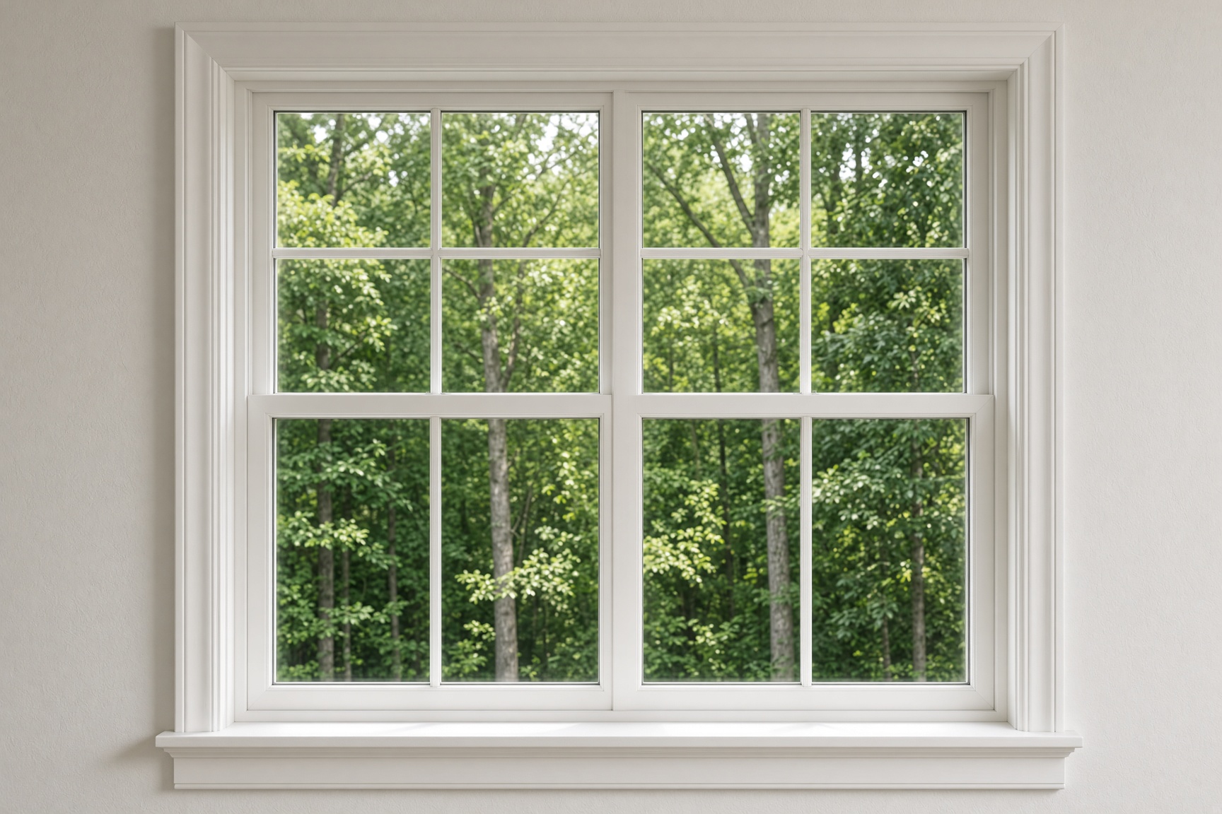 View through a white double-hung window to trees outside